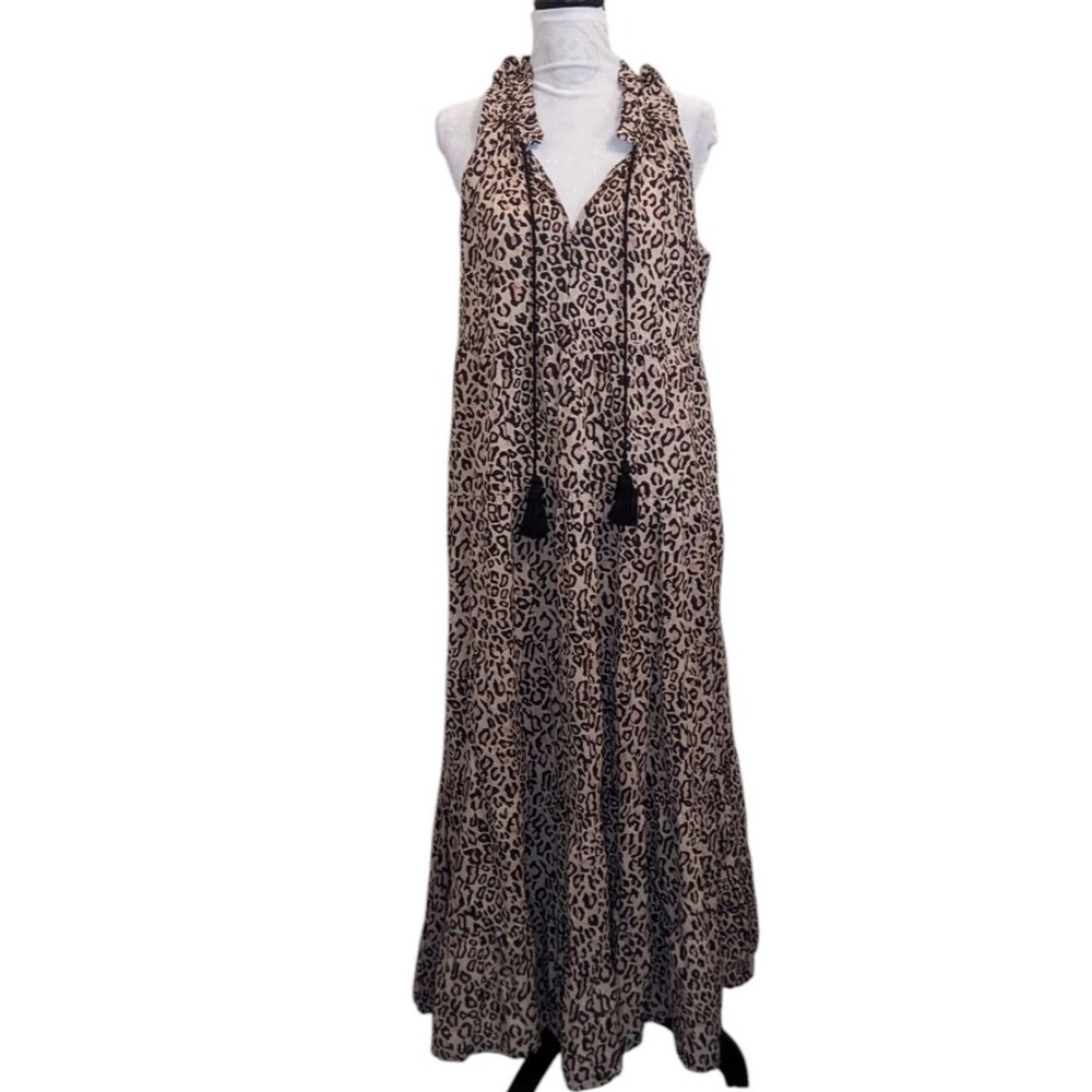 Maxi Dress Leopard Print Ruffle Tiered Tassels Medium New Size Medium